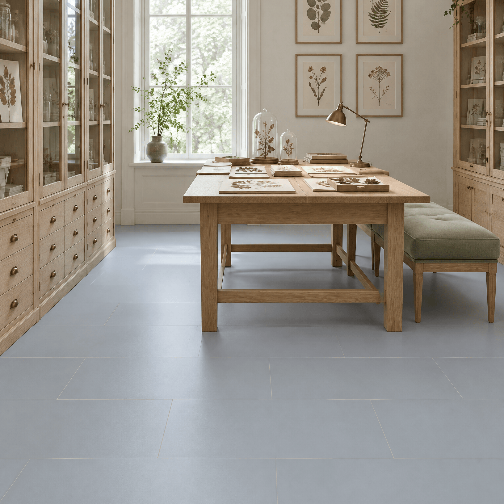 Georgian Grey blue-grey porcelain floor tiles in a herbarium with glass-fronted timber cabinets, botanical prints and a study table.
