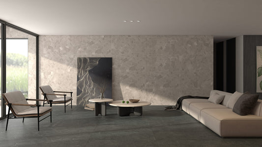 Sassi Flint P3 Matt 600x1200mm porcelain tile — interior setting featuring Sassi Flint with Caldera Basalt