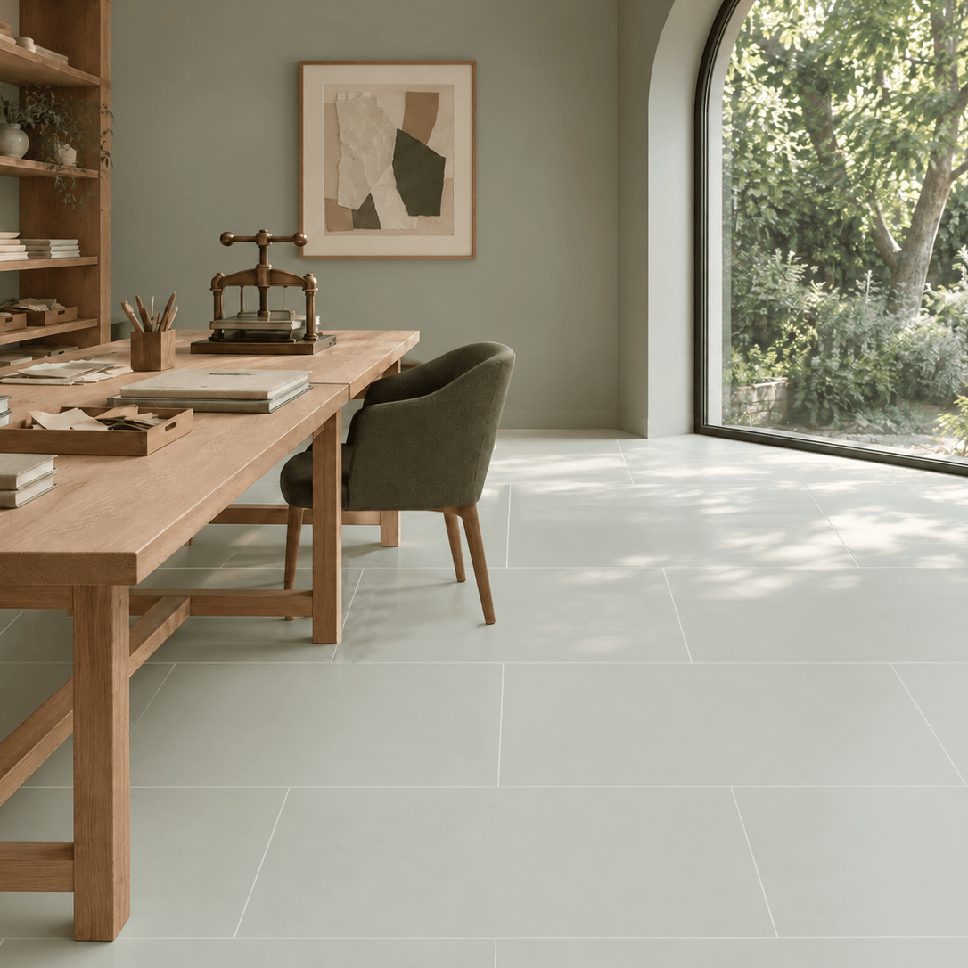 Silver Grass floor tiles in a bookbinding studio with timber shelving, a binding press and a garden-facing arched window.