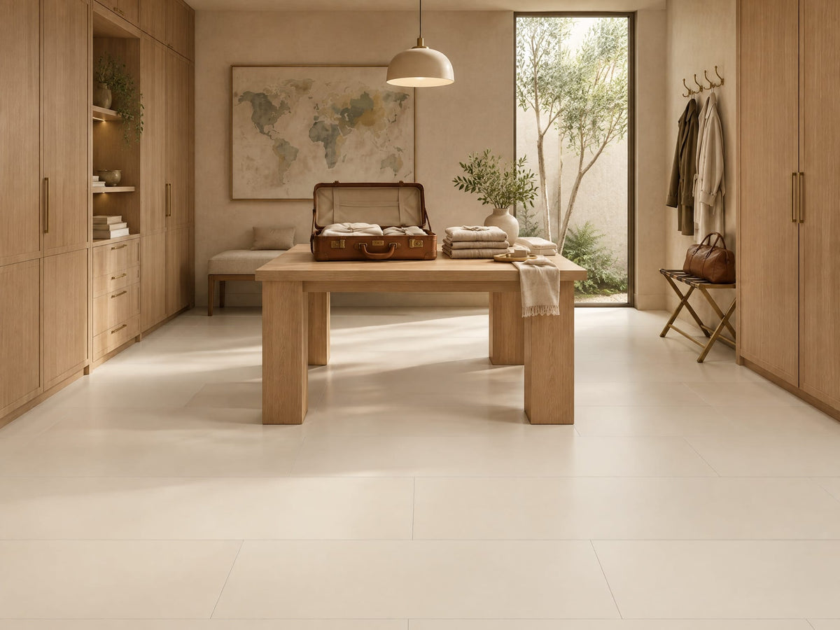 Stowe White tile in a travel preparation room