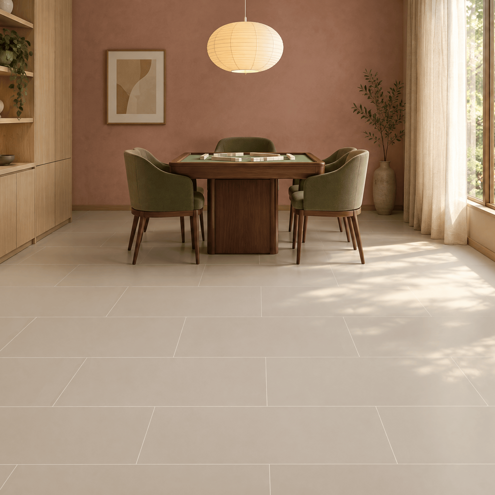 Scallopini floor tiles beneath a timber mahjong table and olive chairs, with a paper lantern, warm pink wall and garden window.
