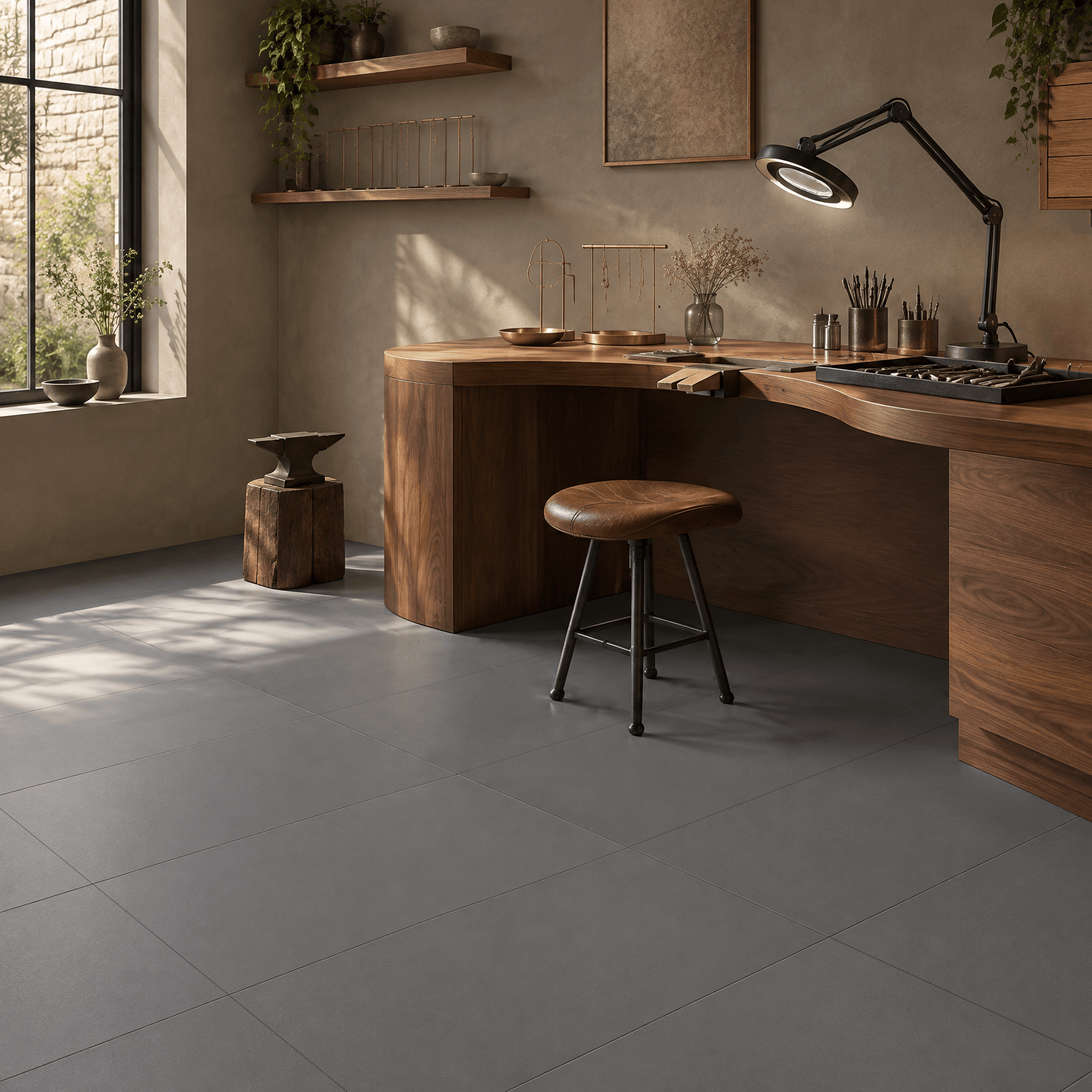 Cityscape grey porcelain floor tiles in a jewellery atelier with a curved timber workbench, tools and a magnifying task lamp.