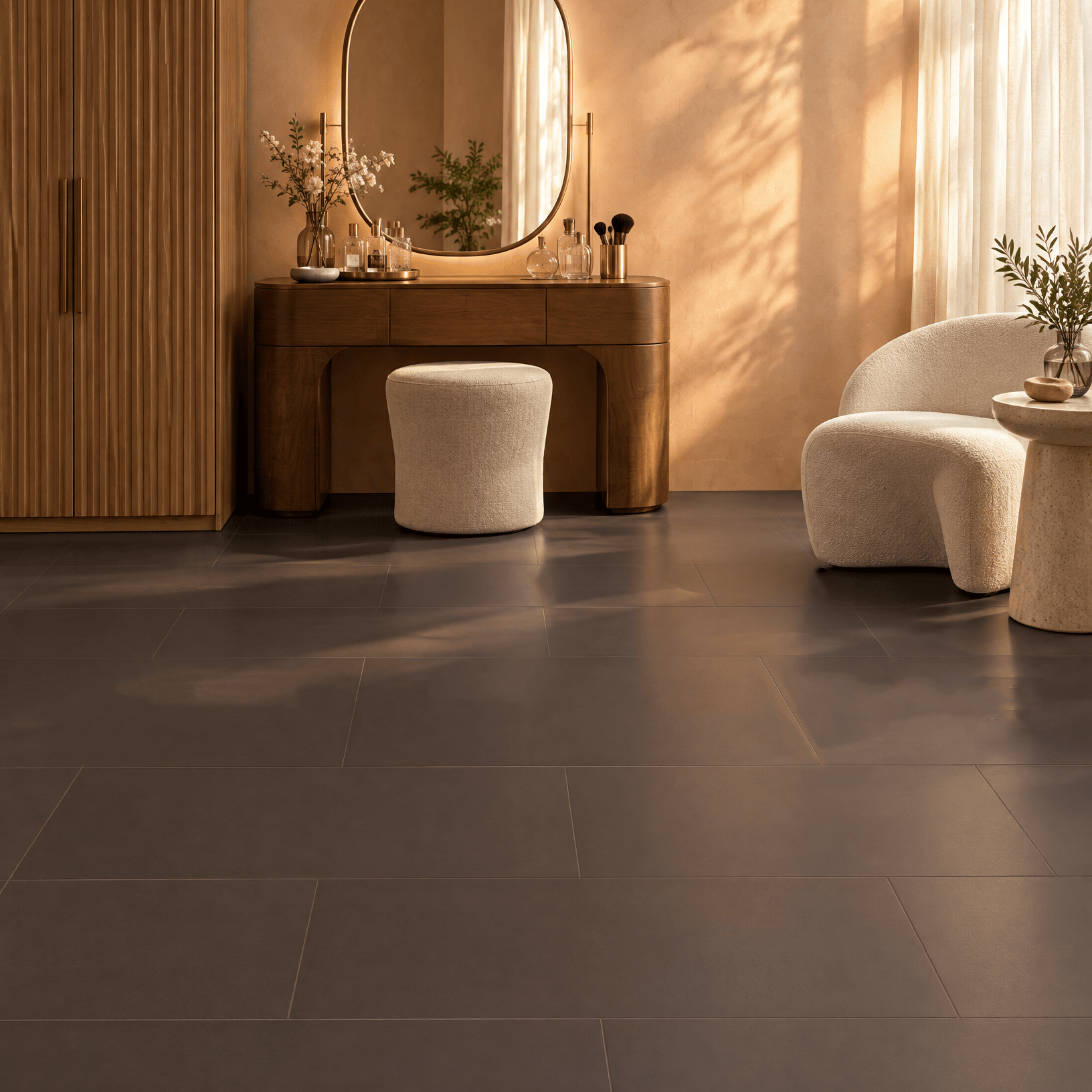 Kaffee brown porcelain floor tiles in a personal beauty room with a rounded mirror, timber vanity and cream upholstered seating.