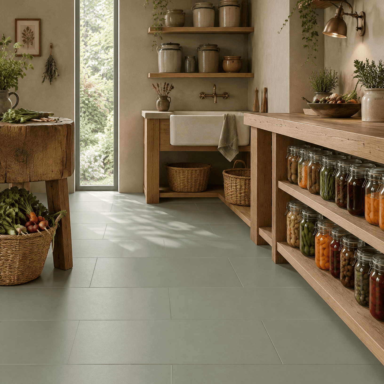 Moorland green porcelain floor tiles in a preserving pantry with timber shelves, glass jars, woven baskets and a farmhouse sink.