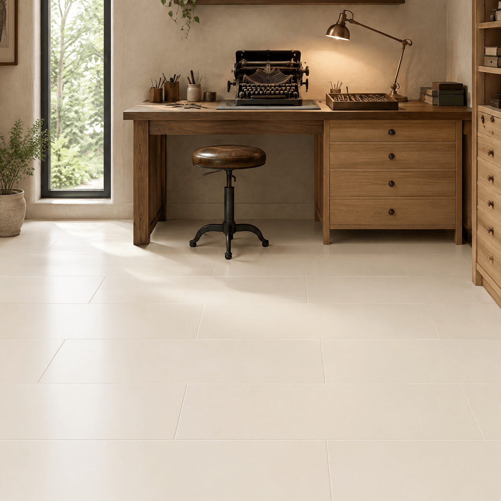 Stowe White floor tiles beneath a timber workbench with a vintage typewriter, leather stool and brass task lamp.