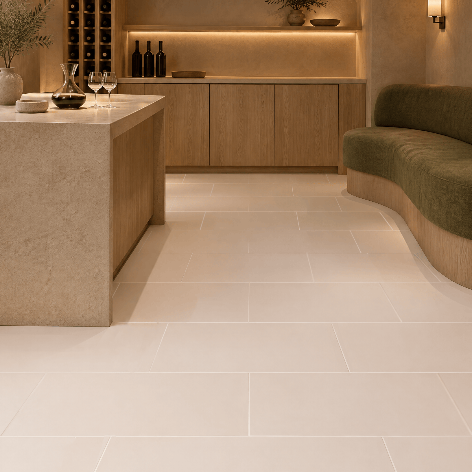 Hint of Rose floor tiles in a private wine room with a vaulted ceiling, timber wine storage, decanter and curved olive bench.