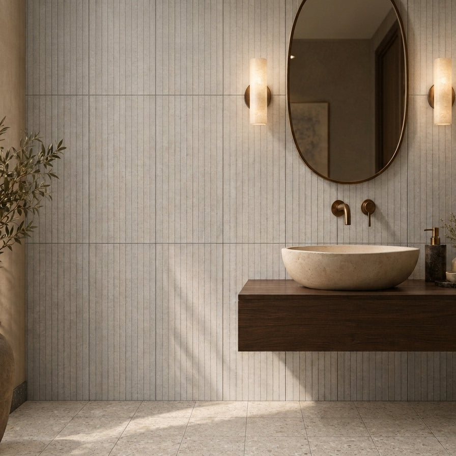 Tone on Tone powder room with Zen Light Grey Swirls wall tiles, Vogue Gemma floor tiles, dark Basalto skirting, a floating timber vanity and oval mirror.