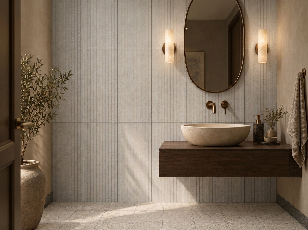 Tone on Tone powder room with Zen Light Grey Swirls wall tiles, Vogue Gemma floor tiles, dark Basalto skirting, a floating timber vanity and oval mirror.