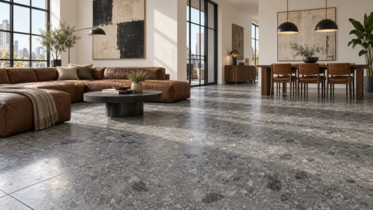 Tuscan Quarry Graphite 600x600mm porcelain tile — apartment interior
