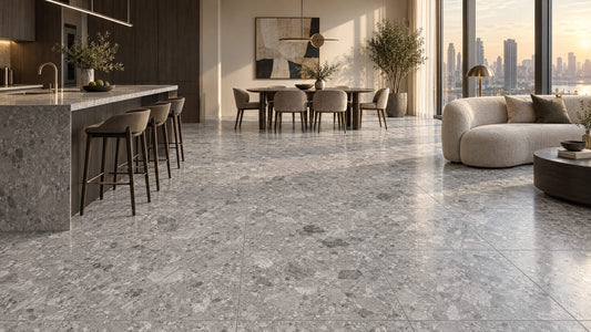 Tuscan Quarry Pebble 600x600mm porcelain tile — apartment interior