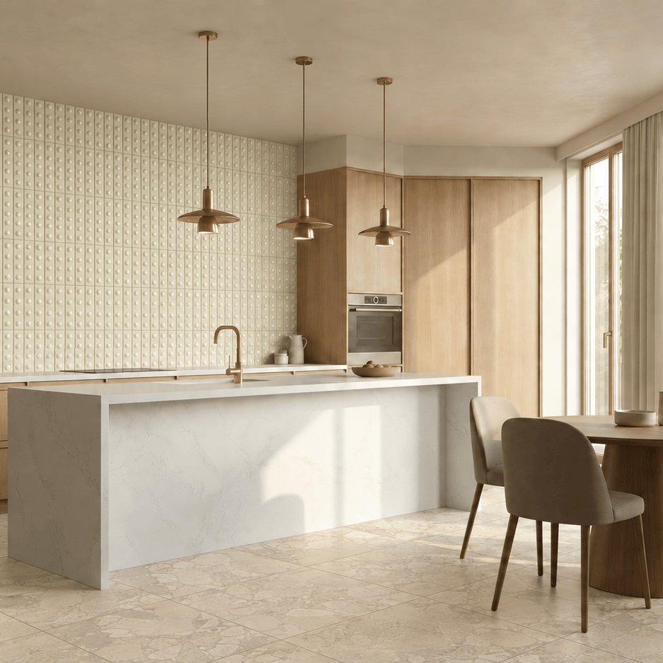 Vanilla Volume kitchen with Decorative Raised Dots Vanilla Satin splashback tiles, Fragmenta Cappuccino porcelain floor tiles, timber cabinetry and brass pendant lights.