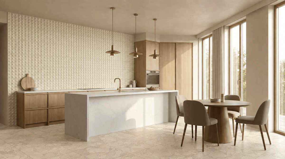 Vanilla Volume kitchen with Decorative Raised Dots Vanilla Satin splashback tiles, Fragmenta Cappuccino porcelain floor tiles, timber cabinetry and brass pendant lights.