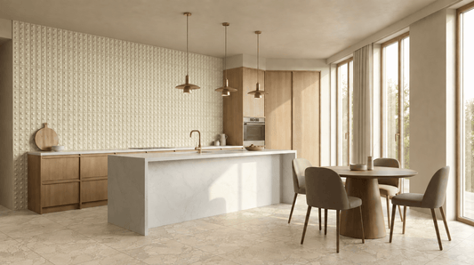 Vanilla Volume kitchen with Decorative Raised Dots Vanilla Satin splashback tiles, Fragmenta Cappuccino porcelain floor tiles, timber cabinetry and brass pendant lights.