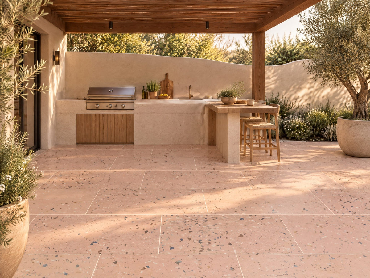 Warm Days tiles in a courtyard outdoor kitchen interior