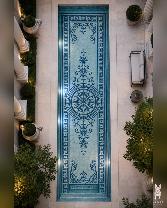 Aegean Filigree - Blue & White Glass Pool Mosaic Art